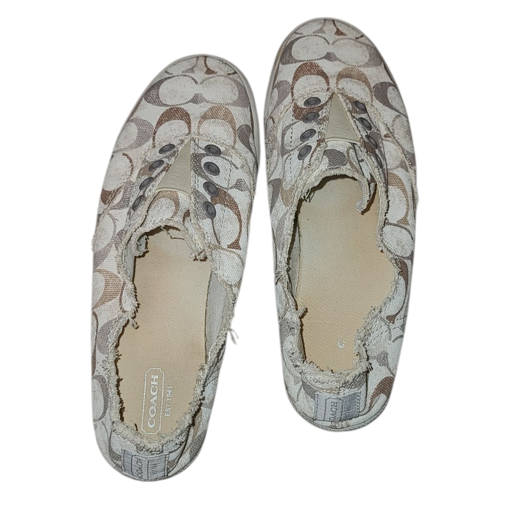 COACH Katie Slip-On Sneakers - Cream and Brown Logo No Lace (Elastic) Size 9.5B - Picture 3 of 14